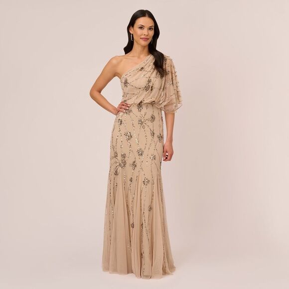 NWT Adrianna Papell One Shoulder Beaded Gown in Nude size